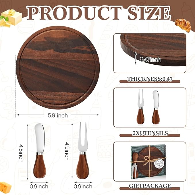 Maxcheck 1 Set Baby Shower Bridal Game Prizes for Winners Round Cheese Board Set Wood Mini Charcuterie Board with Knives and Forks Thank You Card with Gift Box for Guests Wedding (Walnut)