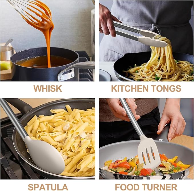 Kitchen Utensils Set-Umite Chef 34 Pcs Silicone Cooking Utensils Set for Nonstick Cookware-Silicone Spatulas Set, Stainless Steel Handle-Khaki Kitchen Gadgets Tools, Pots and Pans Accessories