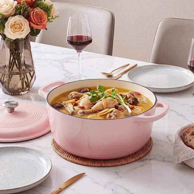 DUMOS Cast Iron Dutch Oven, 6 Quart Pot with Lid, Enameled Heavy Duty Cookware, Oven Safe to 500°F, Perfect for Bread Baking, Braising, Stews and Roasting, Moisture Sealing Lid with Dual Handles, Gradient Pink