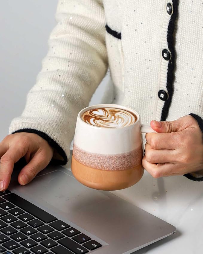Coffee Mugs Set of 4, Ceramic Tea Coffee Cups with Handle, 14 OZ Large Porcelain Mug for Americano, Latte, Cappuccino, Hot Chocolate, Glazed and Brown