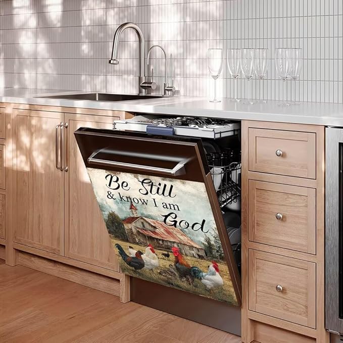 Farmhouse Chicken Front Door Dishwasher Magnet Cover,Decorative Be Still and Know That I am God Text Panel Sticker,23x26 Inch Magnetic Dishwasher Cover for Refrigerators and Appliances