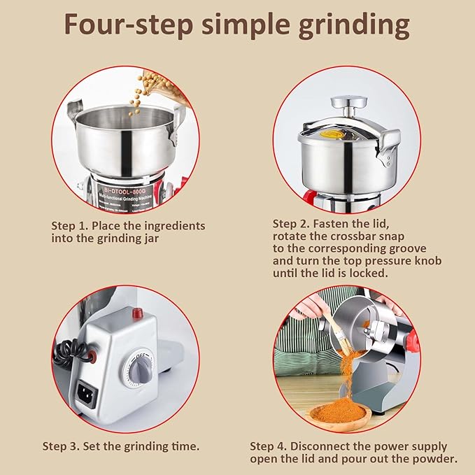 BI-DTOOL Electric Grain Mill Grinder 2000W Dry Material Grinding Machine 800g Stainless Steel Pulverizer 36000r/min High-speed Grain Mill 270° swingable Superfine powder for Home and Commercial 800g