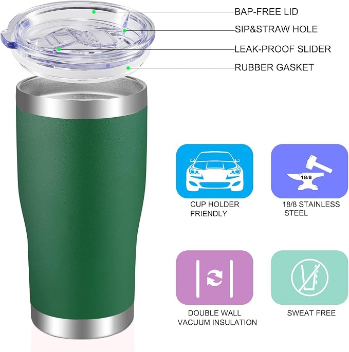 VEGOND 20oz Tumbler Stainless Steel Tumbler Cup with Lid And Straw Vacuum Insulated Double Wall Travel Coffee Mug(Dark Green 12 Pack)