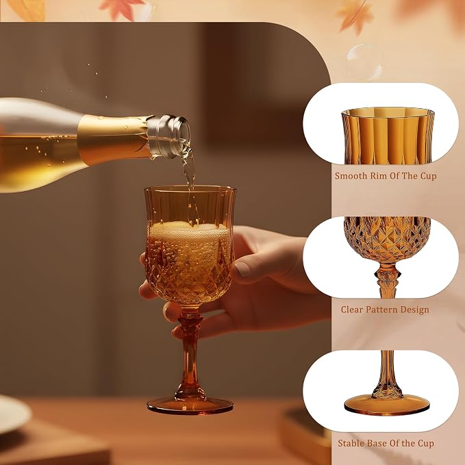 7OZ Plastic Wine Glasses, Reusable Vintage Goblets Unbreakable Drinking Glasses Crystal Water Cups Champagne for Wedding, Parties (100, Amber)