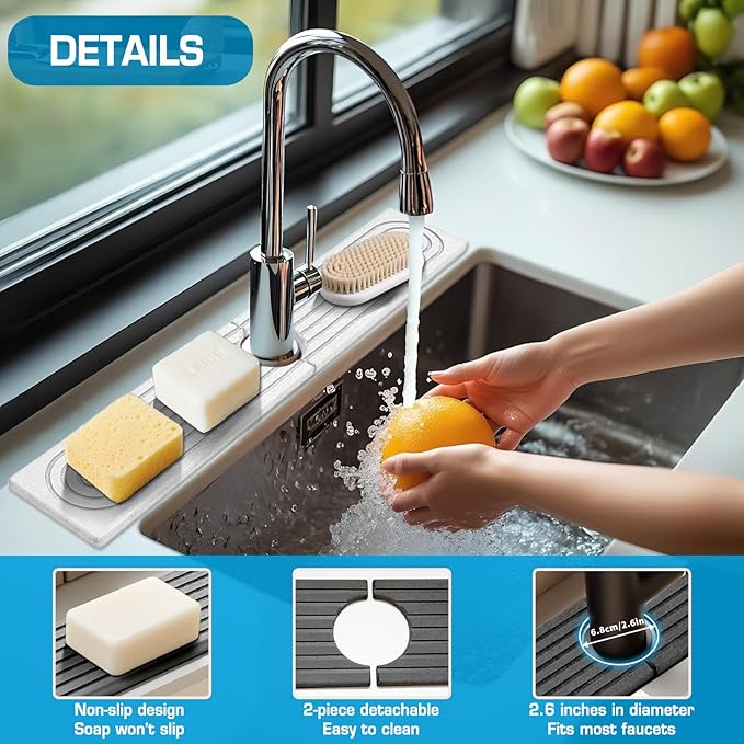 Faucet Mat for Kitchen Sink, Diatomite Quick Drying Tray, Long 23.6'' Kitchen Sink Splash Guard and Bathroom Stone Tray for Counter. Super Absorben. (White-Rectangle, 23.6" x 4")