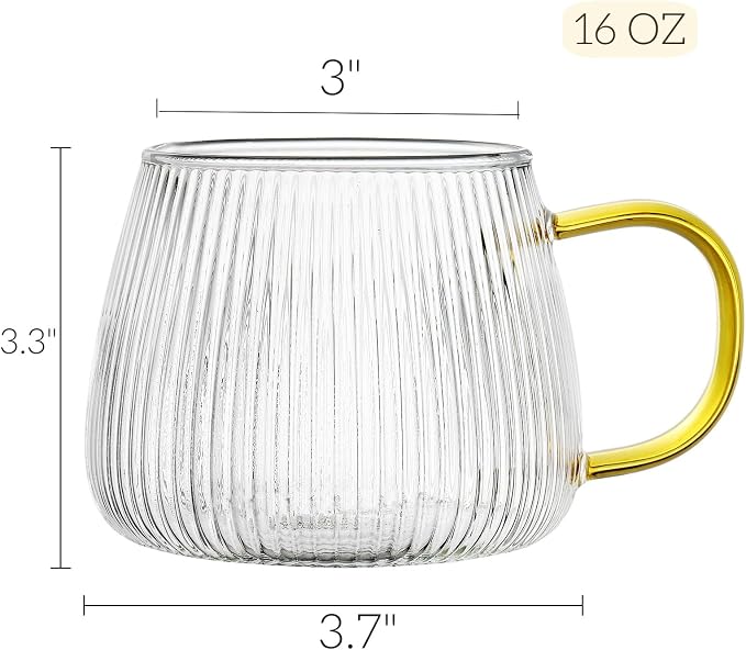 AVLA 6 Pack Glass Coffee Mugs, 16 OZ Unique Vertical Stripes Coffee Cup, Clear Large Tea Glasses with Handle, Vintage Transparent Glassware for Hot/Cold Beverages, Cappuccino, Latte, Espresso, Juice