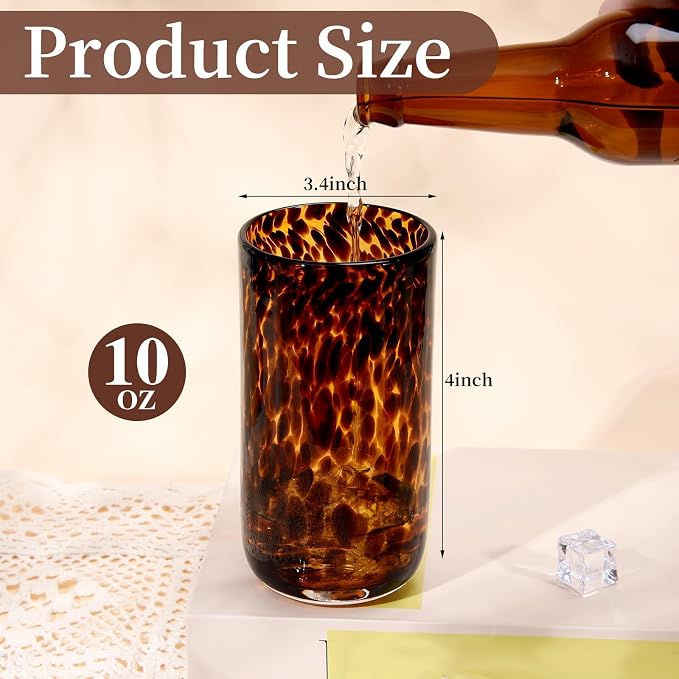 Honeydak Set of 6 Tortoise Leopard Print Brown 16 oz Rocks Glasses Stylish Stemless Cocktail Cups Glass Glassware Tumbler Ideal for Gin, Tequila, Vodka, Soft Drinks