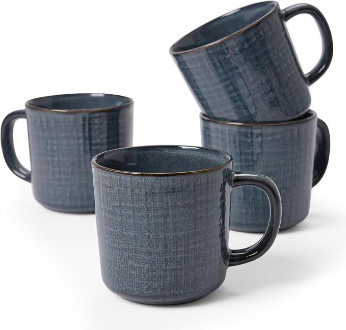 famiware Moonlight Coffee Mug Set of 4, 14oz Mug Set with Linen Finish, Coffee Cup Set with Handle for Latte, Cappuccino, Tea, Hot Cocoa, Microwave and Dishwasher Safe, Dark Blue