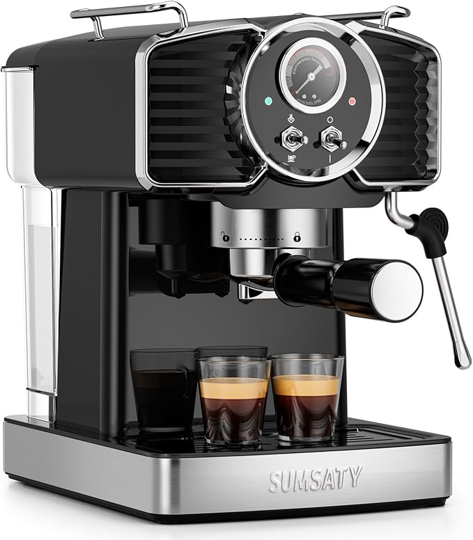 SUMSATY 20 Bar Espresso Machine Retro with Powerful Milk Frother, Black | Visual Pressure Gauge Espresso Coffee Machine 1350W Fast Heating Home Barista for Cappucino Latte Maker, 61oz Water Tank