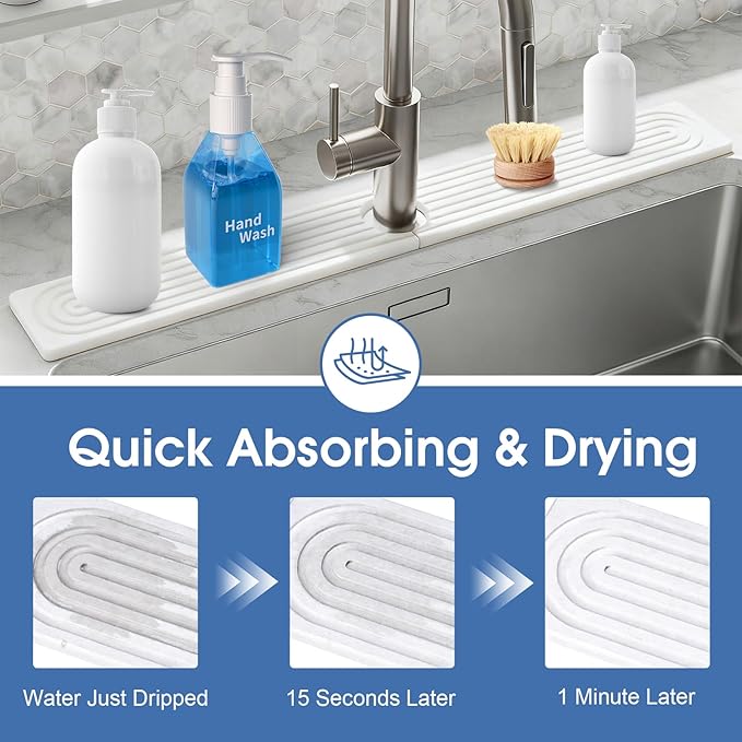 Faucet Mat for Kitchen Sink, Diatomite Drying Stone Mat Sink Protector, Faucet Splash Guard for Bathroom Counter for Bathroom, Laundry, Bar, White, 23.6" x 4"
