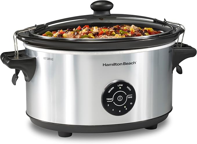 Hamilton Beach 7 Quart Stay or Go Portable Programmable Slow Cooker | 15 Cooking Options | Clip-Tight Glass Lid For Easy Travel | Dishwasher Safe Stoneware Crock | Silver