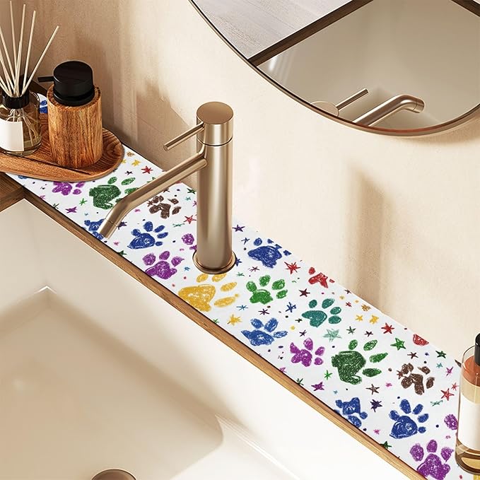 Kitchen Sink Splash Guard 1 PC 14.7 Inch Sink Faucet Mat Splash Guard for Bathroom Countertop Water Absorbent Foldable Cuttable Soft Washable Paw Prints and Stars