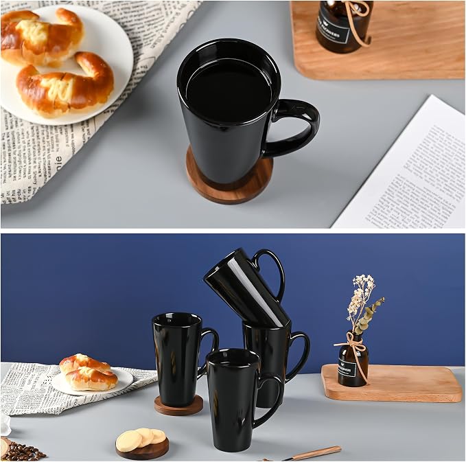 BYCNZB 16oz black Funnel Ceramic Tall Coffee Mugs for Coffee, Tea, Cocoa, Latte, Milk set of 4(Black)