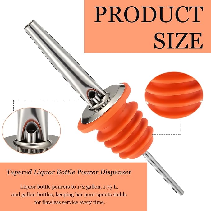 12 Units Tapered Pour Spouts for Liquor Bottles Pourer Dispenser, Chrome Metal Spout with Oversized Poly-cork for Wide Neck Bottles, Medium Speed Controlled Pour, Orange