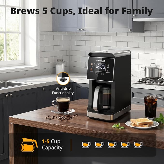 AIRMSEN Grind & Brew Coffee Maker with Built-in Grinder, Programmable Single Serve Coffee Maker - 5 Cup-800ML, 3 Grind Settings, Auto Keep Warm & Glass Carafe for Small Home and Office