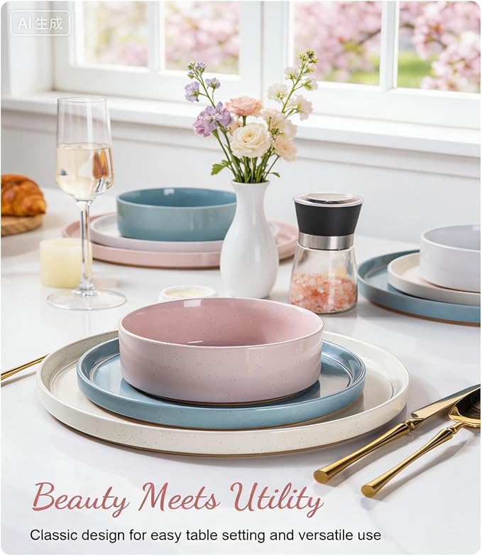 AmorArc Ceramic Dinnerware Set for 4 | Handpainted Stoneware Plates and Bowls with Rustic unglazed terracotta | Scratch Resistant, Dishwasher & Microwave Safe Dishes Sets- 12-Pcs Colorful
