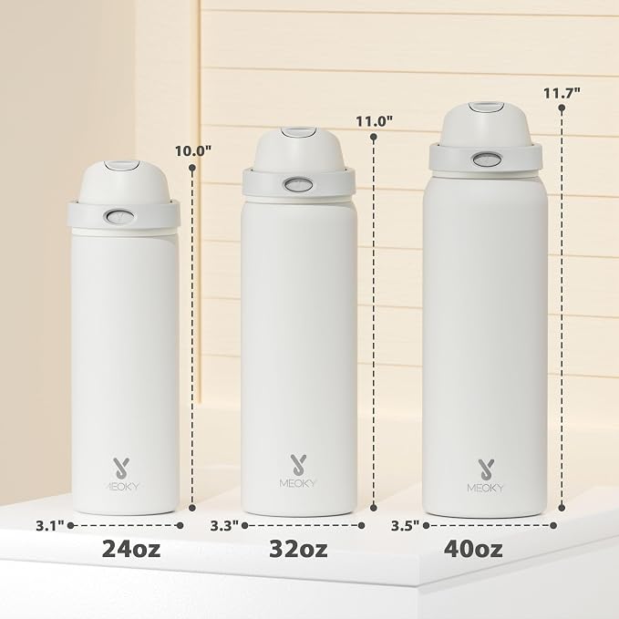 40 oz Insulated Water Bottle with Straw: Meoky Stainless Steel Metal Water Bottle with 2-in-1 Lid - Leak Proof, Cold for 24 Hours, Protective Silicone Base, BPA-Free for Sports Gym, Ivory
