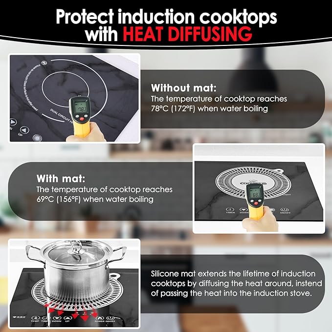 Cook's Aid 2 PCS Silicone Induction Cooktop Protector Cover Mat 10.2"x13.7" (Magnetic) | 230°C (450℉) Heat-Resistant Induction Stove Protector | Multifunctional Silicone Mats (Logo CK)