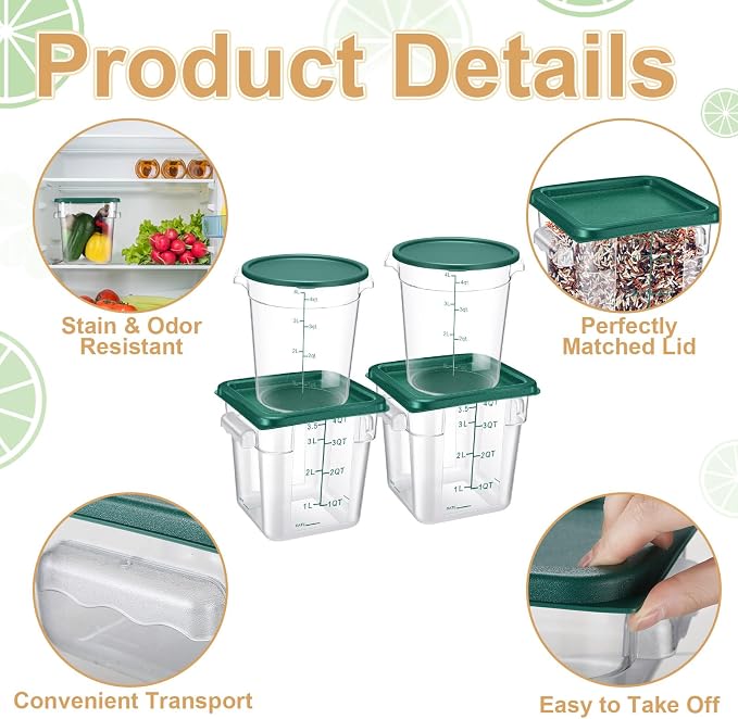 Blushtier 4 Pcs Food Storage Container with Lids Set 4 Qt Square and Round Clear PC Commercial Containers with Scale Handle for Home Restaurant Kitchen Food Storage, Dough Rise, Flour(Green)