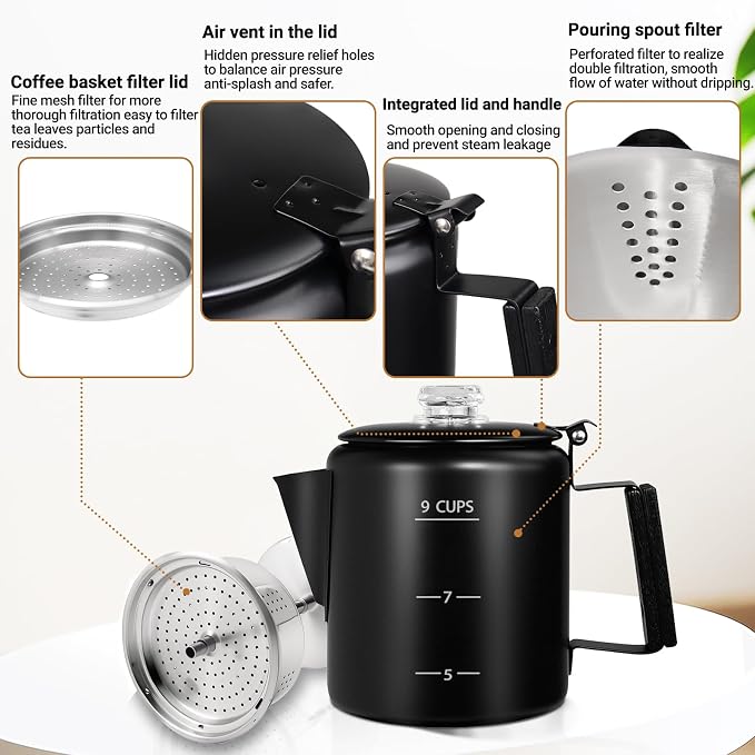 No Coating 9 Cup Percolator Coffee Pot 304 Stainless Steel Moka Pot Stovetop Espresso Maker Italian Greca Cuban Machine 1500ml 50.7oz Suitable for Gas Induction Stovetop Camping Kettle