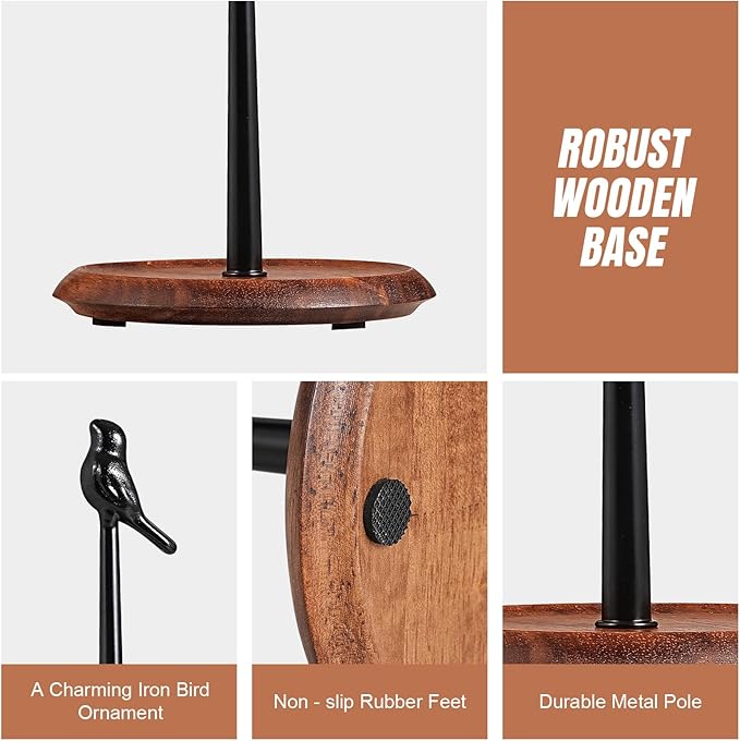 Wooden Paper Towel Holder countertop, Stylish Bird Shaped,Solid Wood Base&Iron Top, with Non-Slip Mat, Stable&Durable,Paper Towel Holder Farmhouse Style to Elevate Your Kitchen's Décor (Black)
