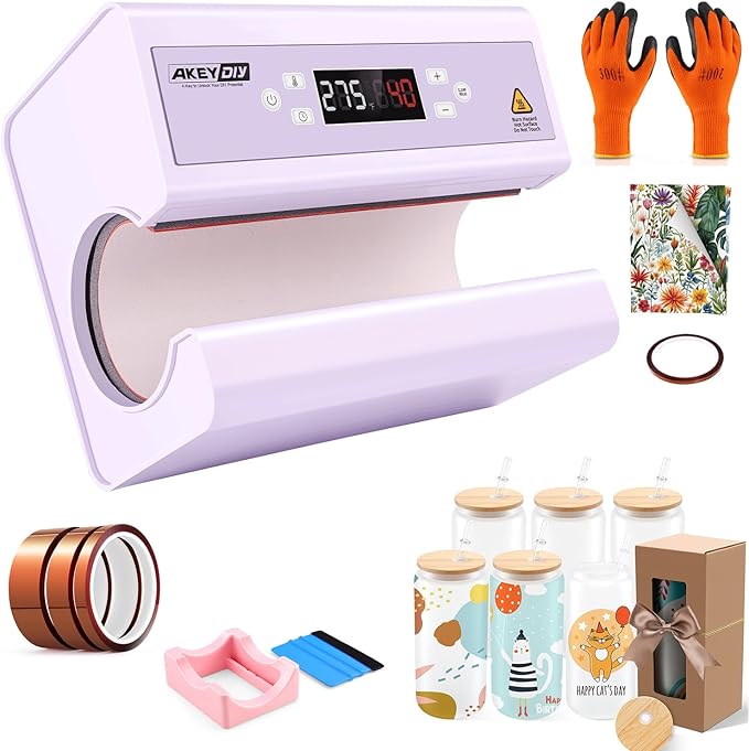 AKEYDIY Professional Tumbler Sublimation Crafting Bundle: Auto Press Machine + 6-Pack 12OZ Glass Tumblers + Silicone Cup Cradle Kit