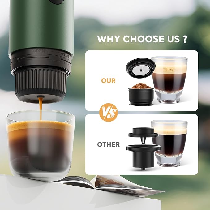 Portable Electric Espresso Machine, Travel Coffee Maker for Camping, Car Coffee Maker Self-Heating with USB-C, 20 Bar Coffee Maker With Ground Coffee & NS Capsule for RV, Hiking, Office(Green)