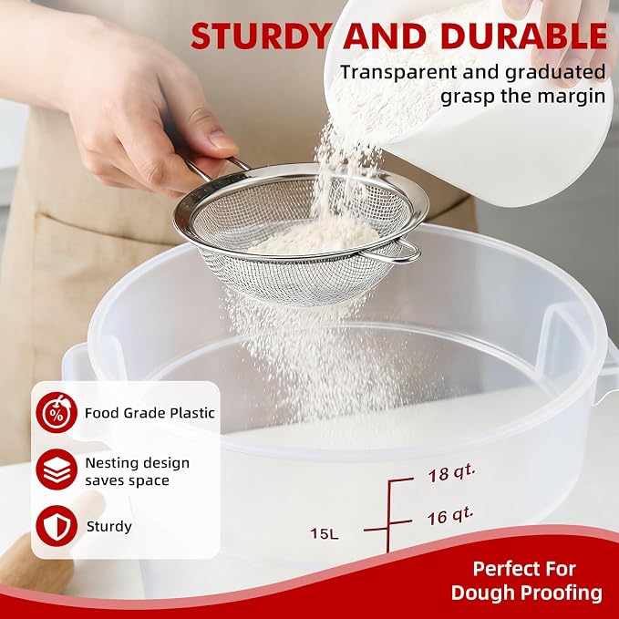 2 Pack Square Food Storage Container With Lid,12-22 Quart Commercial Storage Box With Scale & Handle,Cake Making,Dough Marinating Meat,Kitchen Supplies (polypropylene, Round 16 Quart)