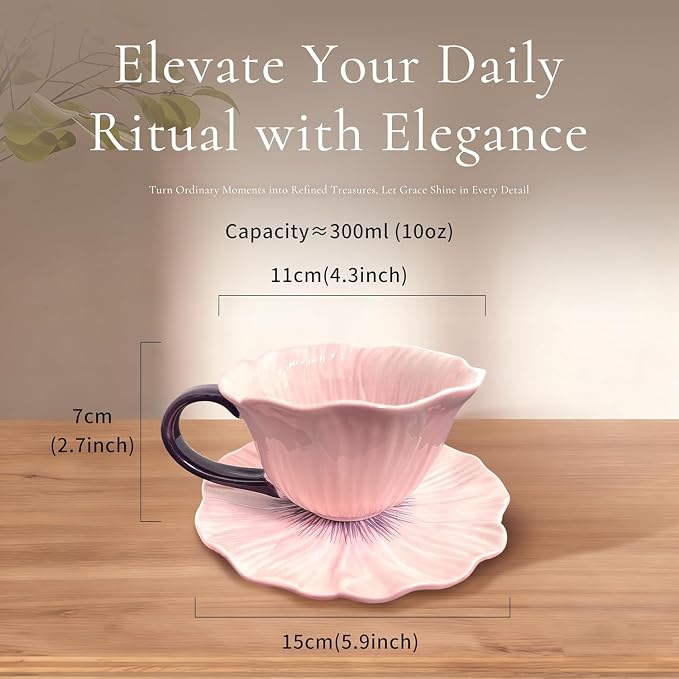ONEUSTAR Tea Cups and Saucers 10 oz Ceramic Flower Shaped Tea Cup and Saucer Set Cappuccino Cup Latte Cup for Mother's Day Thanksgiving Wedding Gift, Purple