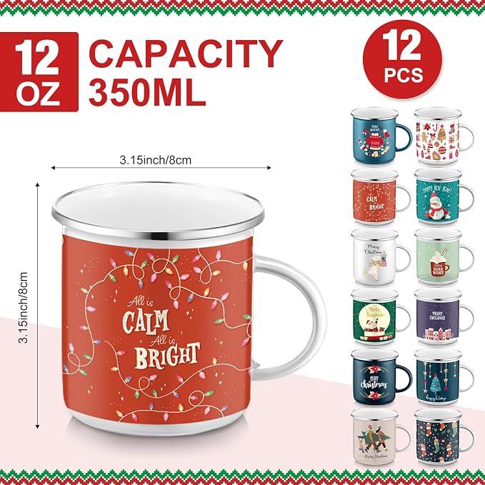 Sliner 12 Pcs Christmas Enamel Mugs, 12 oz Coffee Mugs Bulk Hot Chocolate Mug Set Cute Enamel Tea Cups Winter Holiday Christmas Employee Gift for Family Coworkers (Festive Celebration)