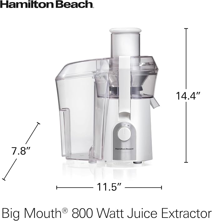 Hamilton Beach Juicer Machine, Big Mouth 3” Feed Chute for Whole Fruits and Vegetables, Easy to Clean, Centrifugal Extractor, Vegetable & Fruit Juicer, BPA Free, 800W Motor, White