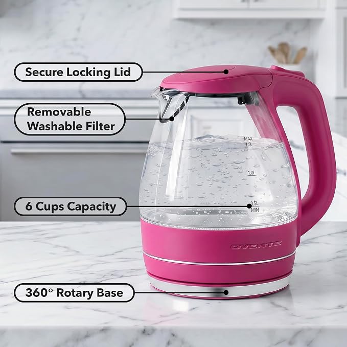 OVENTE Electric Kettle, 1.5L Borosilicate Glass Countertop Water Heater and Boiler for Coffee or Tea, BPA-Free, Auto Shut-Off, Boil-Dry Protection, Removable and Washable Spout Filter, Pink KG83F