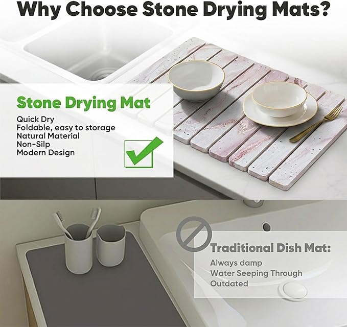 Stone Drying Mat for Kitchen Counter, Quick Diatomaceous Earth Mats for Dishes, 23.6"L x 15.7" W Super Absorbent Fast-Drying Collapsible Countertop Stone Mat (Marble White-07, 24" x 16")