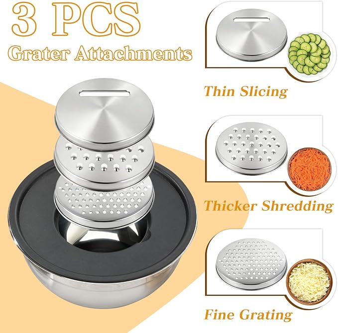 Unokit Mixing Blows with Lids Set - 7-Piece | Non-Slip Stainless Steel Nesting Mixing Bowls with Grater Attachments, Mixing Bowl Set for Multi Mixing & Serving
