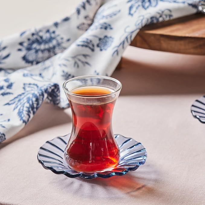 KARACA Luna 12-Piece Turkish Tea Cups for 6 People, 4.4 fl oz (130 ml) Turkish Tea Glasses Set with Elegant Light Blue Glass Saucers, Traditional Tulip Teacups, Hand Wash Recommended