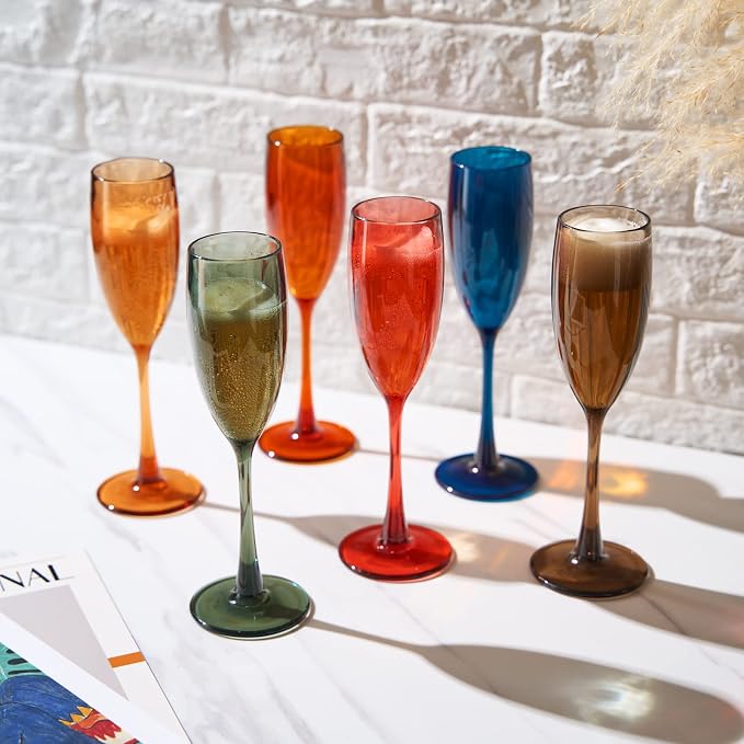 European Style Plastic Acrylic, Champagne Flutes Glasses | Set of 6 | Colored Reusable Toasting Cups 100% Tritan Drinkware, 5 oz Dishwasher Safe BPA-free plastic, Perfect Poolside & Outdoors,
