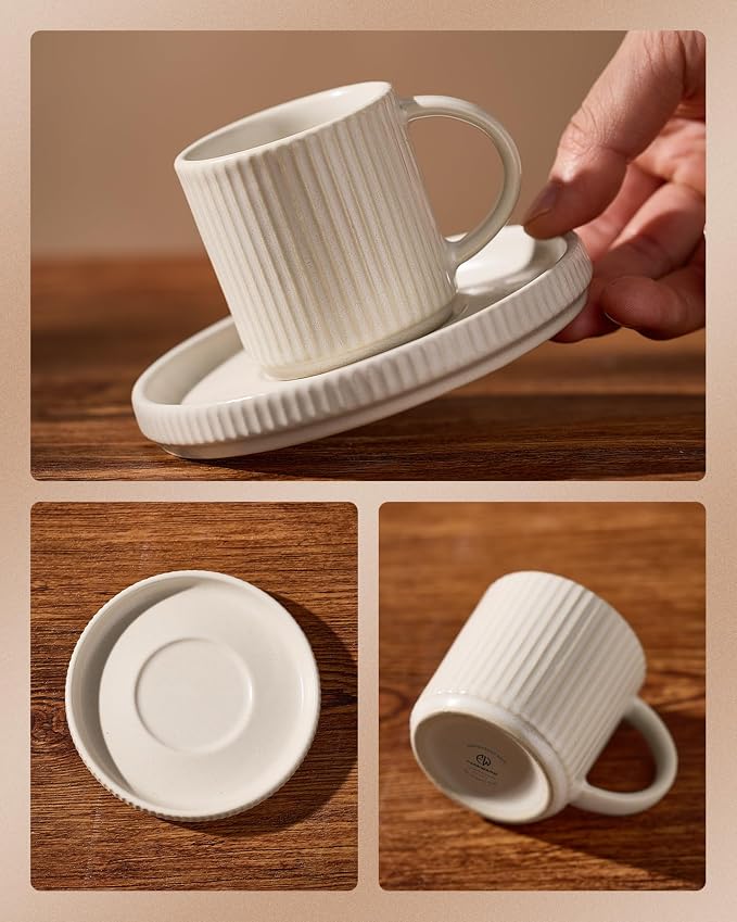 famiware Star Espresso Cups and Saucers Set of 4, [ Mini ] 3 oz Ceramic Small Coffee Mug with Handle, Ribbed Stoneware Demitasse Cup for Tea, Latte - Microwave & Dishwasher Safe - Matte White