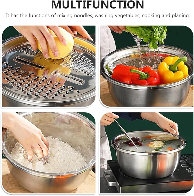 DECHOUS 2Pcs Multipurpose Stainless Steel Grater Bowl Small Basin Basket Grater Basin Bowl Set for Kitchen Rinsing Draining Mixing, 10 Inch