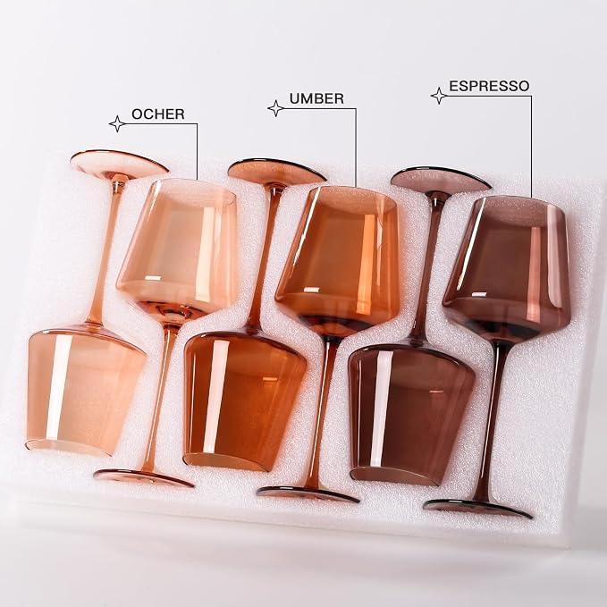 Brown Wine Glasses Set of 6-18oz【Original Hand Blown】 Colored Wine Glasses with Tall Long Stems and Flat Bottom, Amber Colored Glassware-Unique Gifts for Wine Lovers-Wedding Gifts