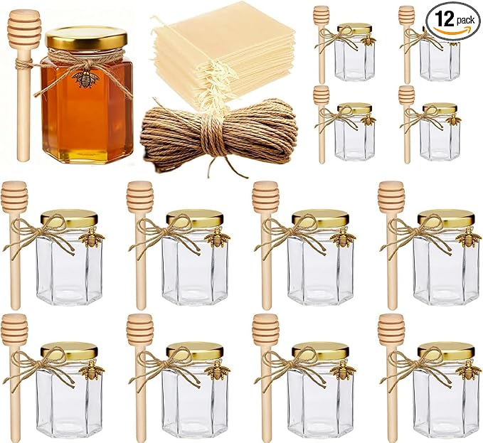 Adabocute Honey Pot, Glass Honey Jars with Wood Dipper, Gold Lid, Bee Charms, Gold Organza Bags, Thank-you Tags, Ideal for Bee Party Favors, 4oz 12 Pack