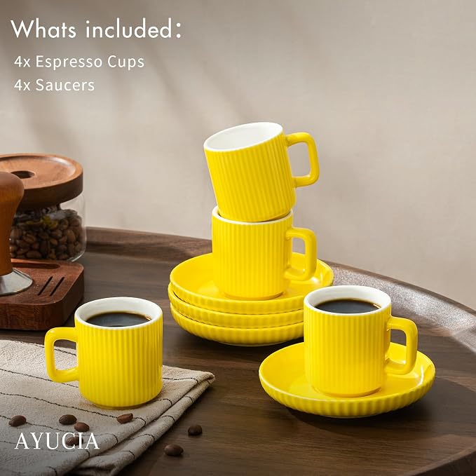 2.5OZ Mini Espresso Cups Set of 4, Yellow Ceramic Demitasse Espresso Mugs with Saucers, Small Coffee Cups for Single/Double Espresso Shots