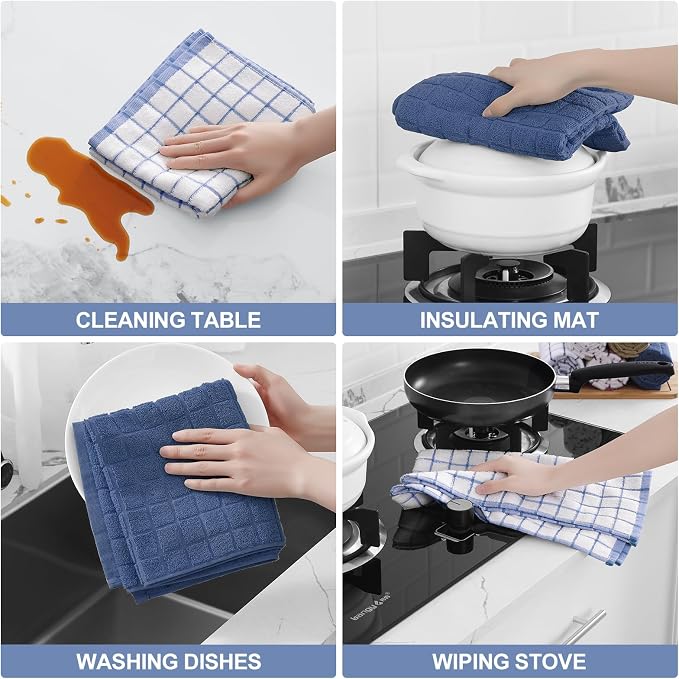 Homaxy Premium Cotton Kitchen Towels 16"x 28", Large Natural Ring Spun 390 GSM Dish Towels, Super Absorbent Terry Kitchen Hand Towels, Soft Tea Towels with Hanging Loop, Navy Blue Check, 12 Pack