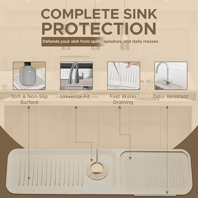 Silicone Faucet Mat for Kitchen Sink 17.7 Inch | 5° Slope Fast Self-Draining Sink Splash Guard | Multipurpose Faucet Mat Foldable Durable No Smell | Cut-to-Fit Opening Up to 2.6in | Biege