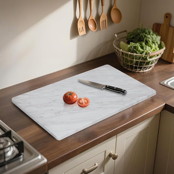 Lovdeco Large Marble Cutting Board 12"x20", 100% Natural Marble, Heavy Duty, Volakas White, Polished Surface for Pastry, Cheese, Serving & Kitchen Countertop – White with Brown Veining