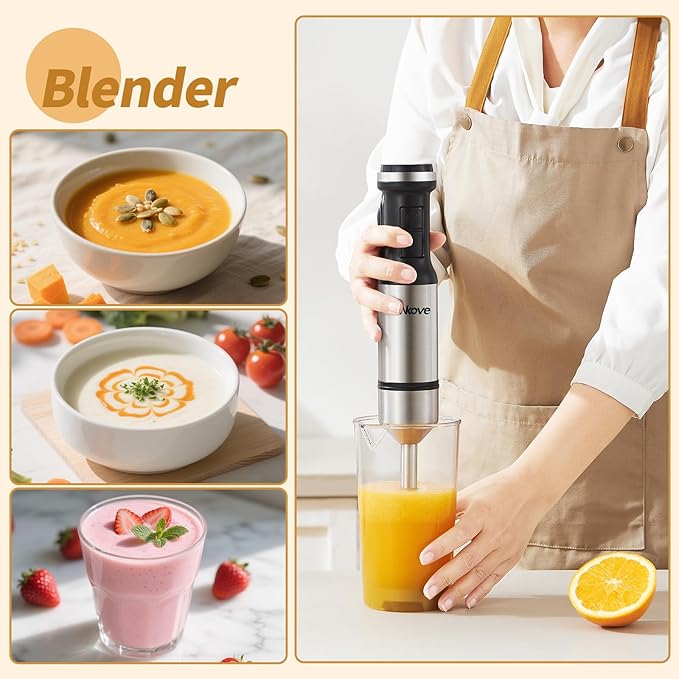 Nkove Immersion Blender Handheld Corded Hand Blenders 5 in 1 Set 800W, Stainless Steel Stick Blender Turbo Mode with 600 ml Mixing Beaker with Lid, 400 ml Chopper, Whisk, Milk Frother, BPA-Free