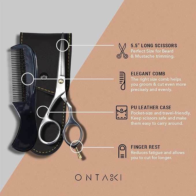 Ontaki Beard & Mustache Scissors For Men - 5.5" 420C Japanese Steel, Silver, Right Hand - Engineered Sharpness for Barber Shears - Comfort Grip for Grooming Scissors - Includes Beard Comb
