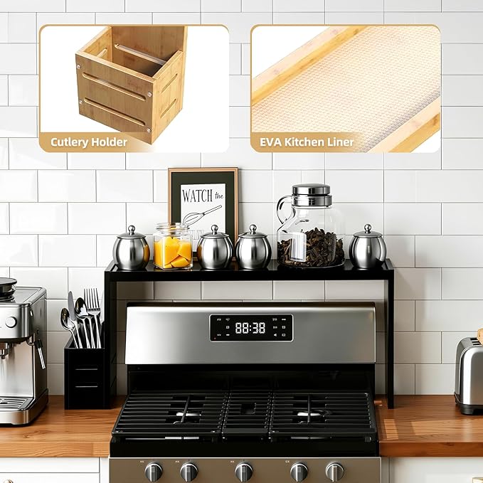 Over The Stove Shelf Wooden,Bamboo Spice Rack for Above the Kitchen Hob,31.5-inch Spice Storage Rack,Height-Adjustable, 50-pound Weight Capacity, Easy to Assemble (Black)