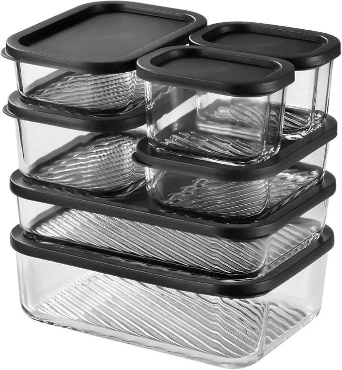 EATEX Grooved Base Glass Meal Prep Containers, 7 Pack Glass Food Storage Containers with Lids for Meal Prep & Lunch, Microwave Oven Freezer Dishwasher Safe, Anti Moisture Non-Stick Design - Black