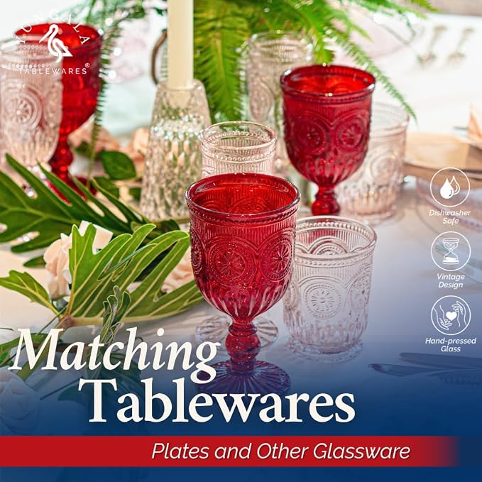 Red Goblets, Set of 6 Hand Crafted Red Colored Wine Glasses for lovers of red glassware, perfect for Valentines Day or Christmas Wine Glasses