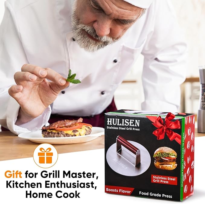 HULISEN 8.5-Inch Burger Press, 2.5 lbs Heavy Duty Bacon & Grill Press, Stainless Steel Smashed Burger Press, Round Smasher with Wood Handle, BBQ Griddle Accessories for Hamburger, Steak, Meat